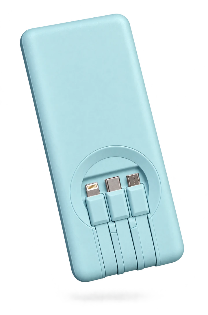 AMPED power bank with built-in iPhone, USB-C and Micro-USB cables